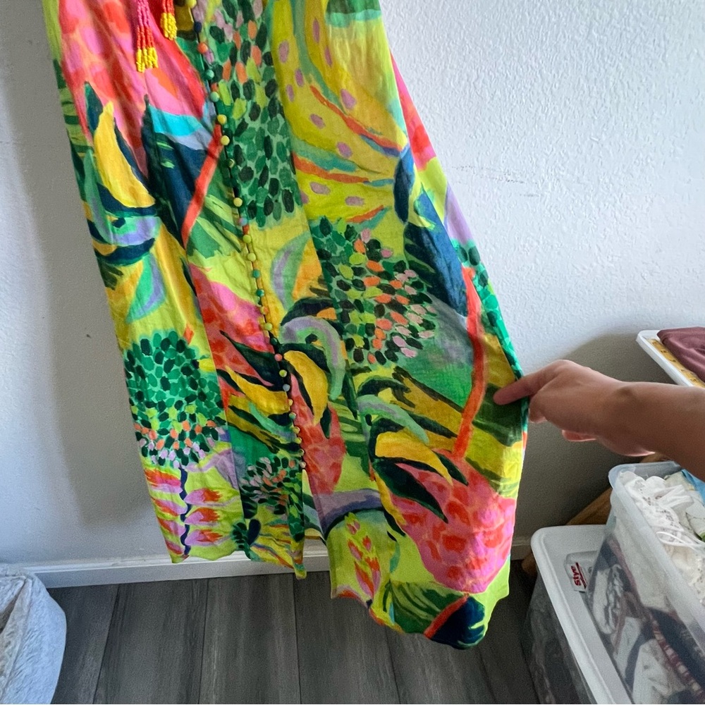 Anthropologie Farm Rio Midi Dress Puff Sleeves Green, Yellow, and Pink NWT - Picture 9 of 12